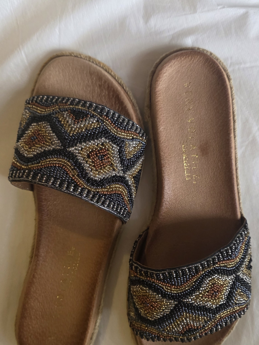 Volatile Beaded Slide Sandals in Black, Gold ,Tan And Grey.
